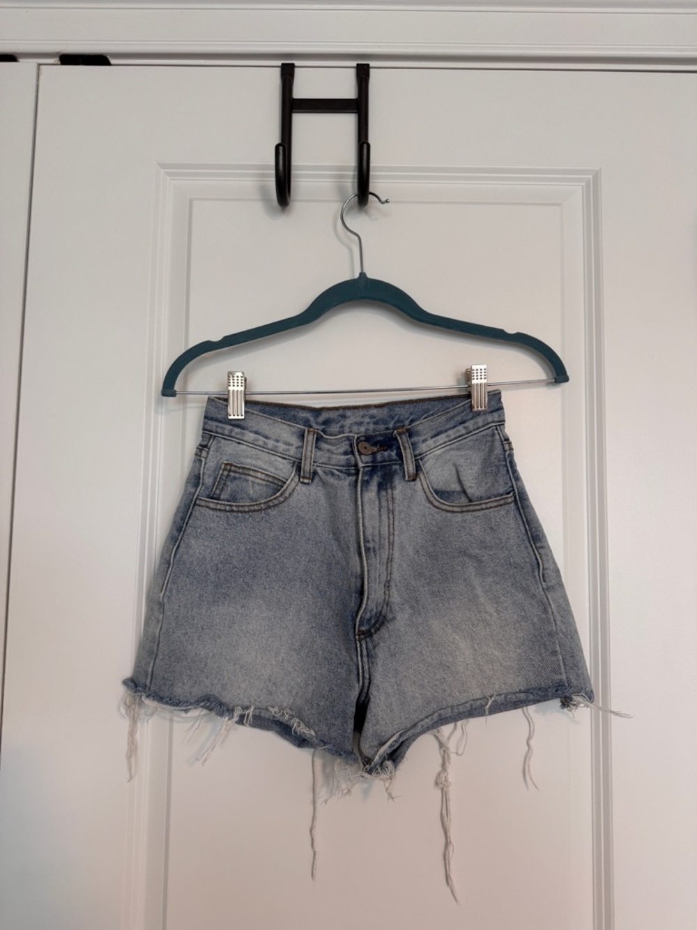 High-Rise Light Wash Denim Shorts with Raw Hem